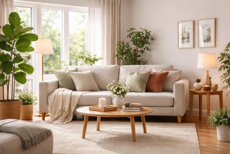 Bright living room with affordable lighting and simple home improvements