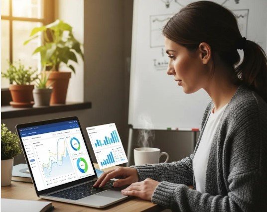 Small business owner reviewing digital marketing performance on a laptop