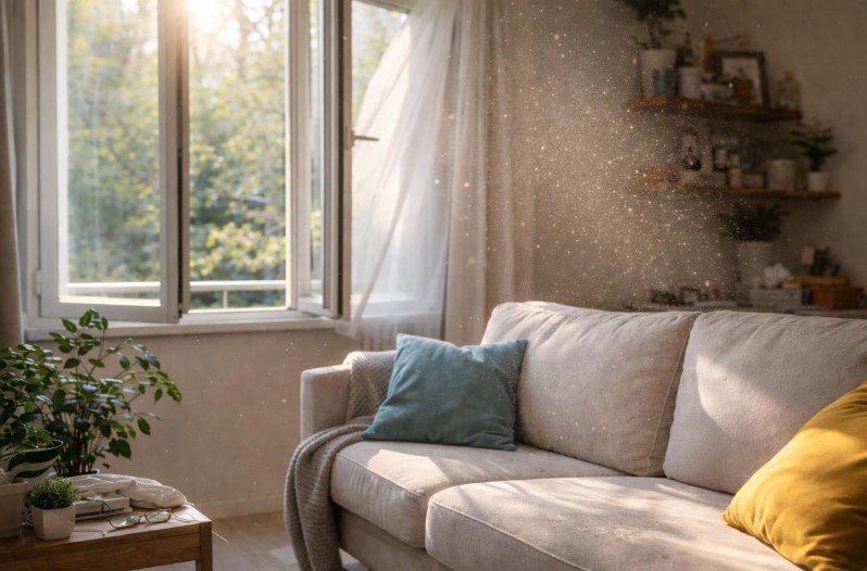 Dust particles floating in sunlight inside a living room