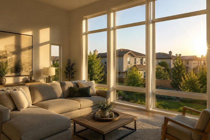 Living room window with curtains blocking direct afternoon sunlight
