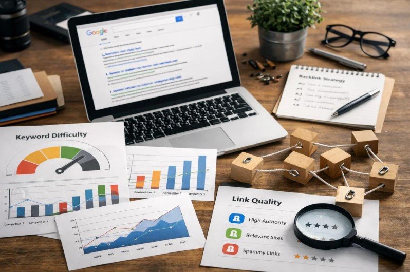 SEO specialist reviewing website relevance and backlink placement quality