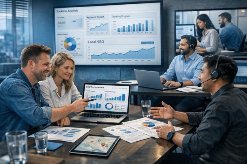 Marketing team reviewing SEO campaign performance and client reporting