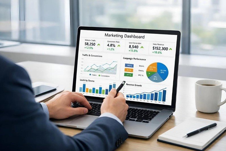 digital marketing for small business
Digital marketing dashboard showing website traffic leads and conversion performance