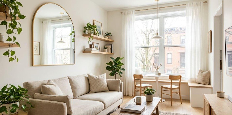 A compact living room with a small sofa, natural light, and a wall mirror