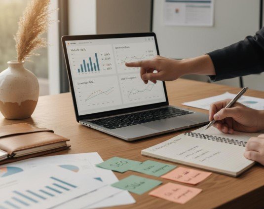 Small business owner reviewing website analytics on a laptop