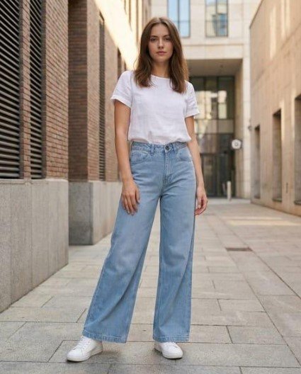 Blue wide-leg jeans styled with a fitted white T-shirt and casual sneakers