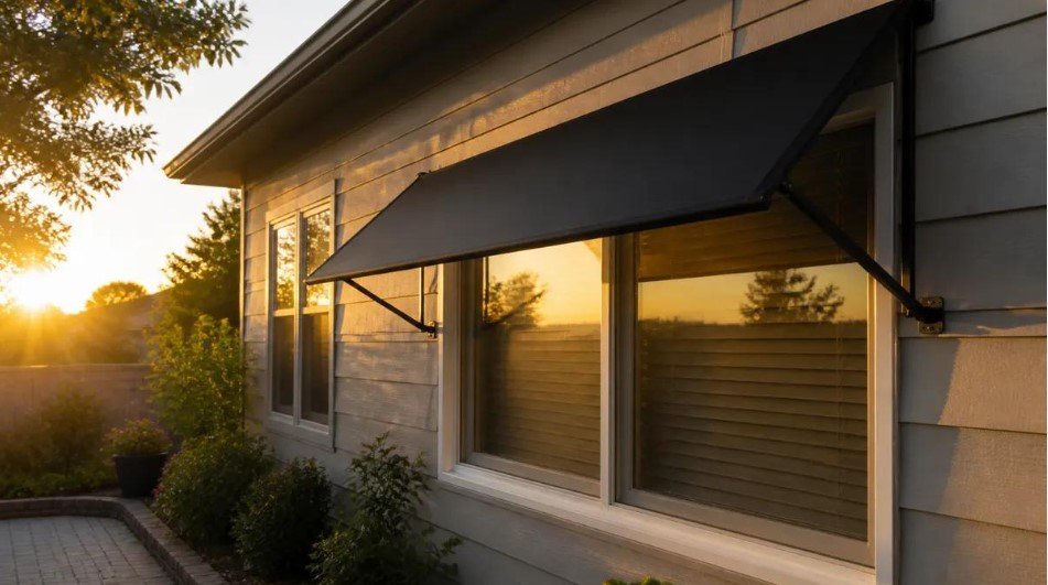 Exterior window shade reducing direct sunlight entering a room