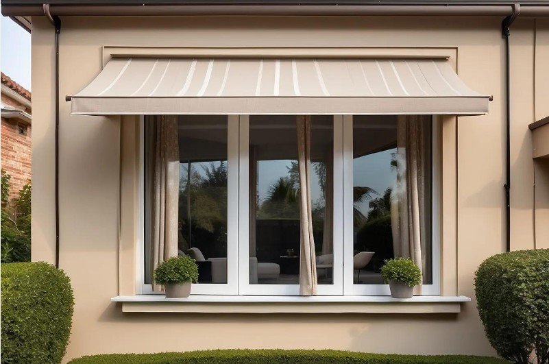 Window curtains and exterior shade blocking direct sunlight